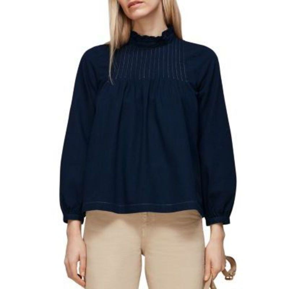 Whistles Maja Chambray‎ Pintuck Top Size 4 Navy Blue Long Sleeve